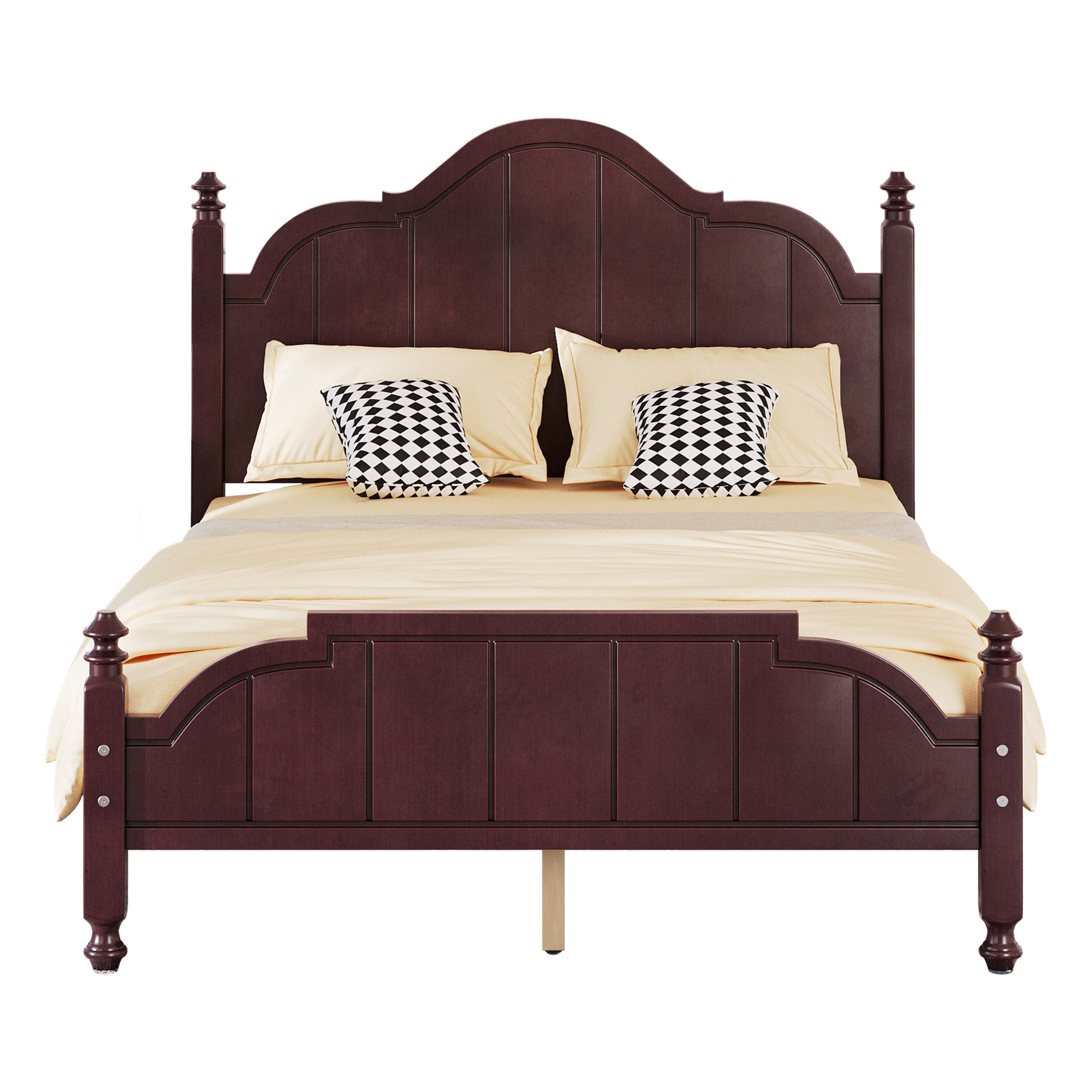 Front-facing view of Full Size Wooden Bed Frame with Headboard - Easy Setup, styled with yellow bedding and decorative pillows.