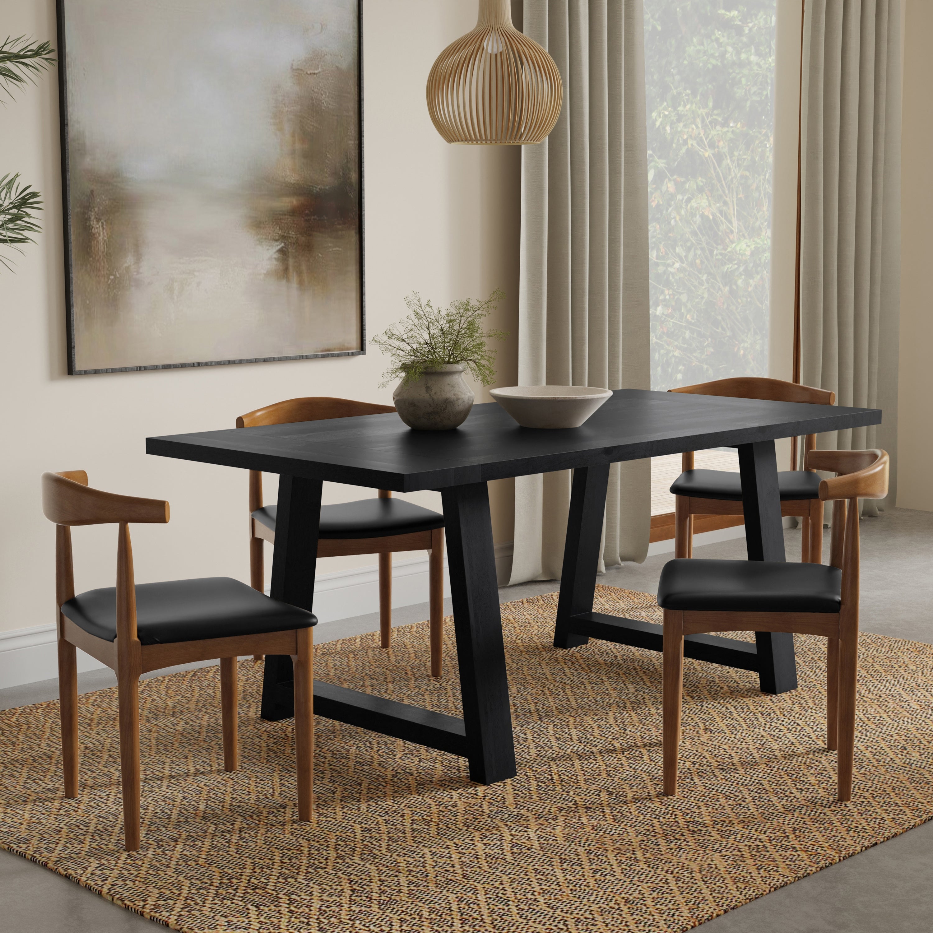 Whitley Dining Table - Black Wooden Table in modern dining room setting with four chairs, trestle base, and textured rug. Seats six comfortably.