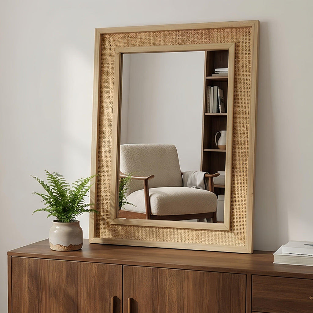 Rattan Solid Wood Frame Mirror for Home Decor.