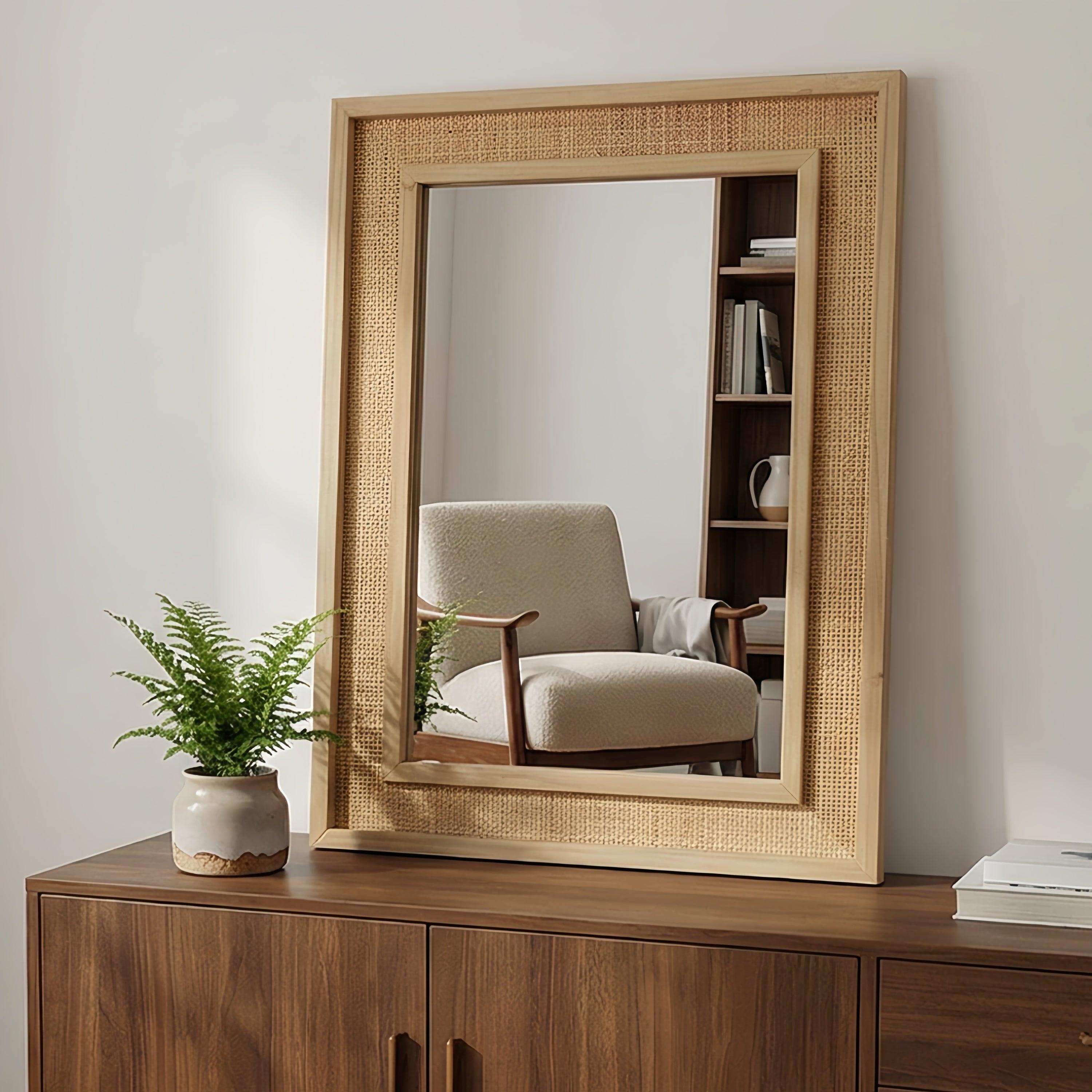 Rattan Solid Wood Frame Mirror for Home Decor.