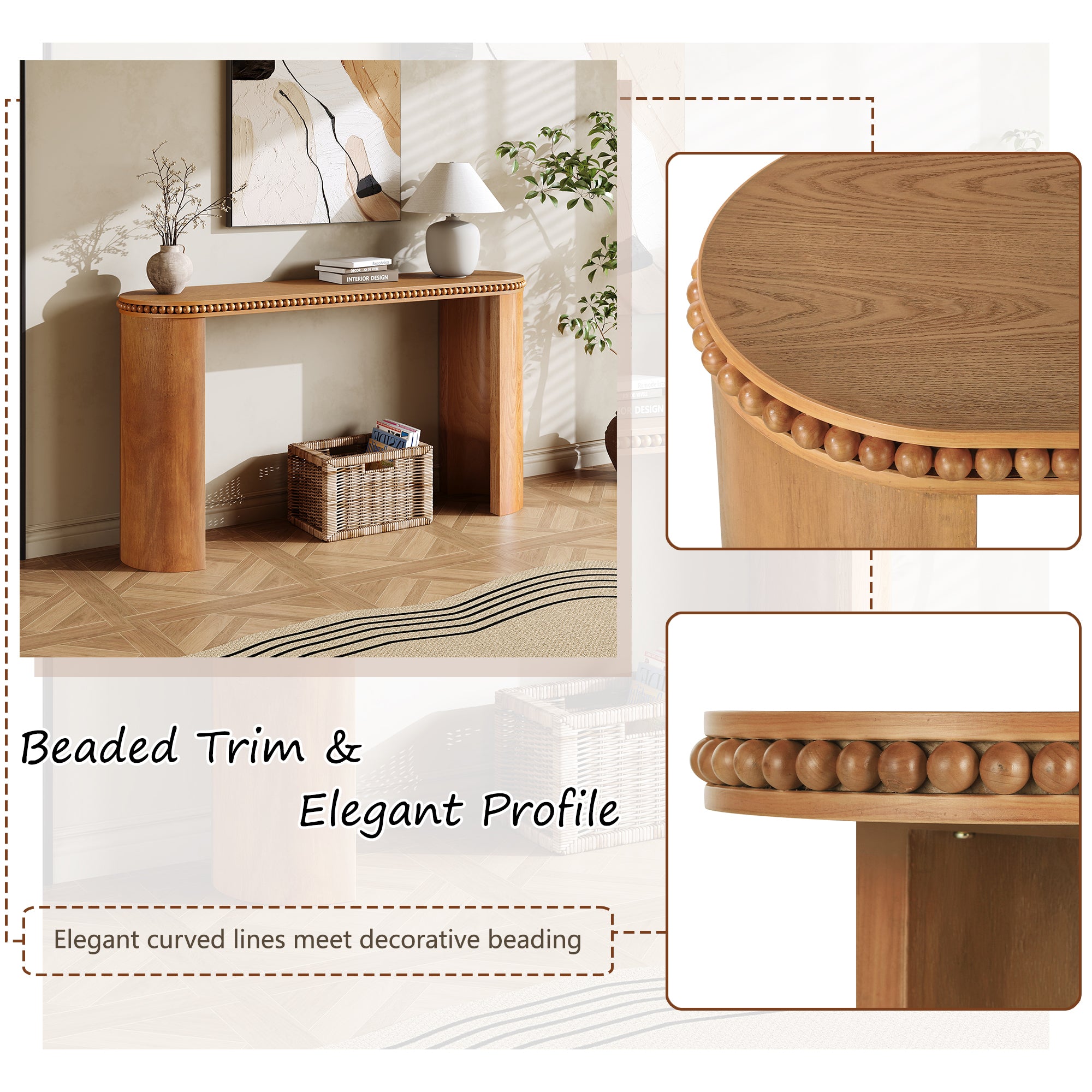 Close-up of vintage beaded console table showing elegant beaded trim and curved profile, emphasizing craftsmanship and design details.