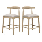 Modern counter stools set of 2 in pebble fabric with ergonomic curved backrest and rubberwood frame, ideal for kitchen islands or dining areas.