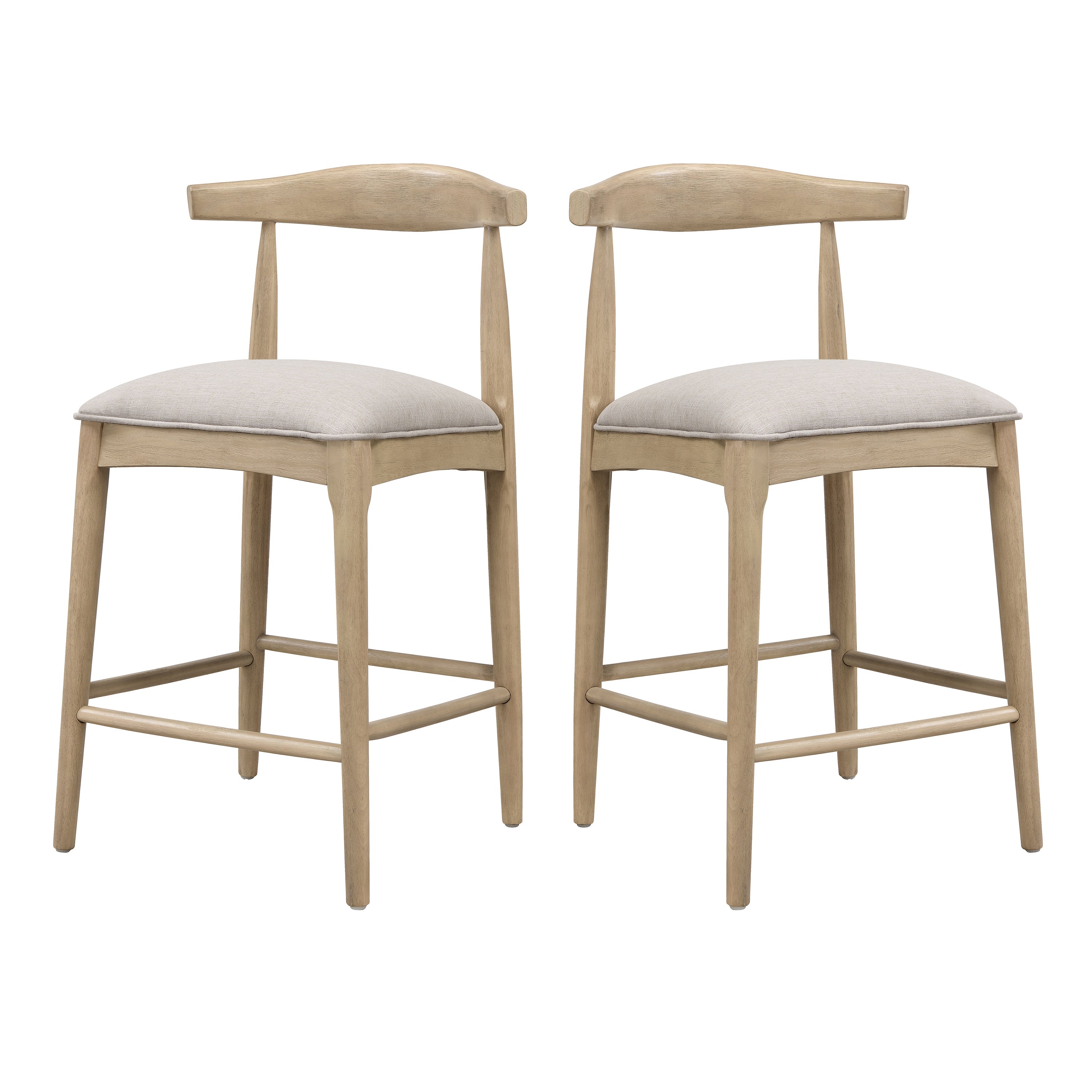 Modern counter stools set of 2 in pebble fabric with ergonomic curved backrest and rubberwood frame, ideal for kitchen islands or dining areas.