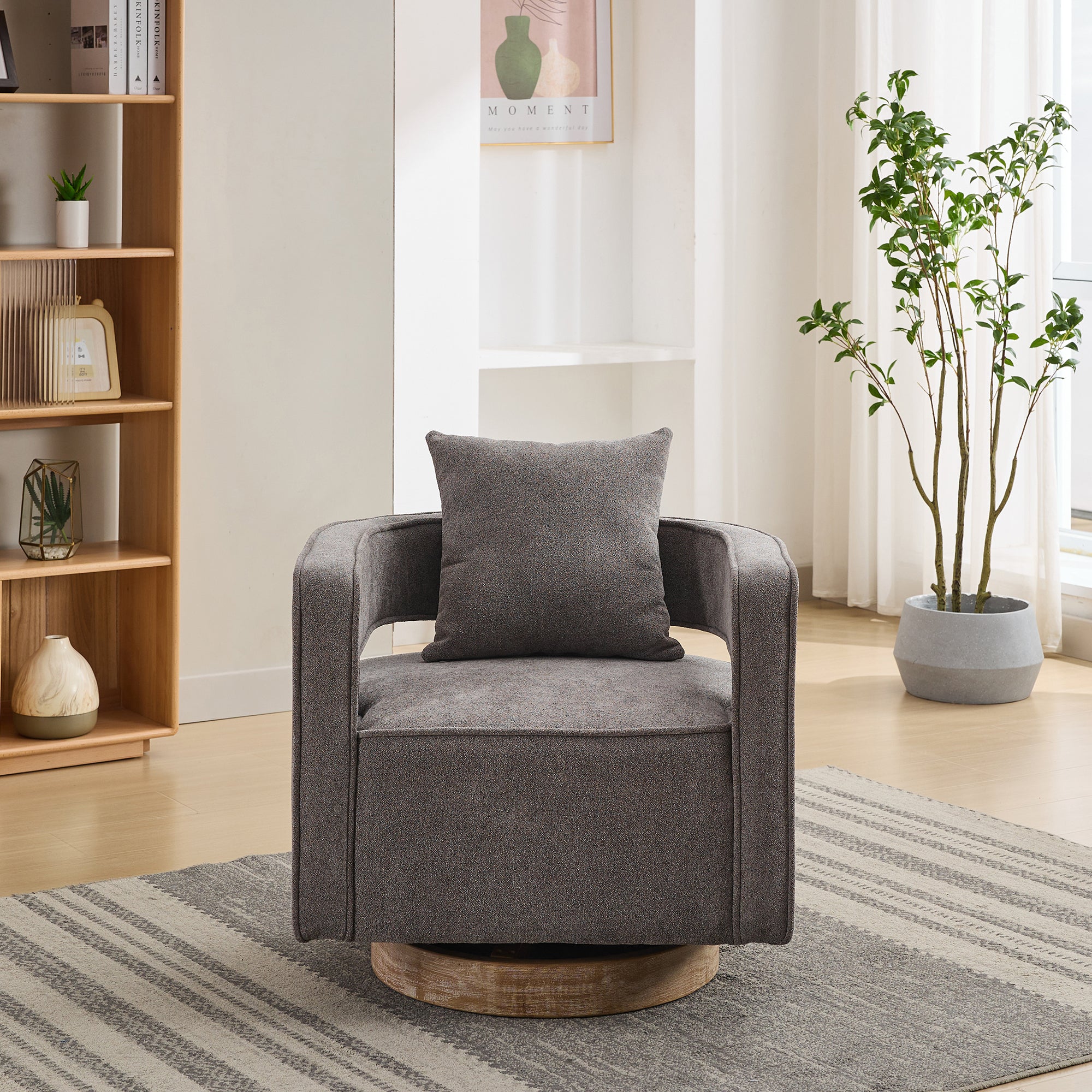 Modern Swivel Accent Chair with open back and linen blend upholstery, shown with plush cushion and rustic round wooden base.