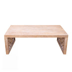 Top-down view of 47.2 rustic carved wood coffee table showing natural wood grain and rectangular handcrafted surface.