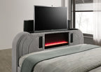 Close-up of Gray Sherpa Bed footboard with pop-up TV, red LED lighting, and Bluetooth speaker system for immersive entertainment.