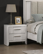 White 2-drawer contemporary nightstand placed beside a bed, ideal for storing bedroom essentials with a clean, modern aesthetic.