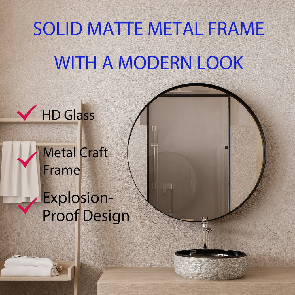 Round Black Metal Medicine Cabinet with Mirror featuring HD glass, metal frame, and explosion-proof design in a modern bathroom.