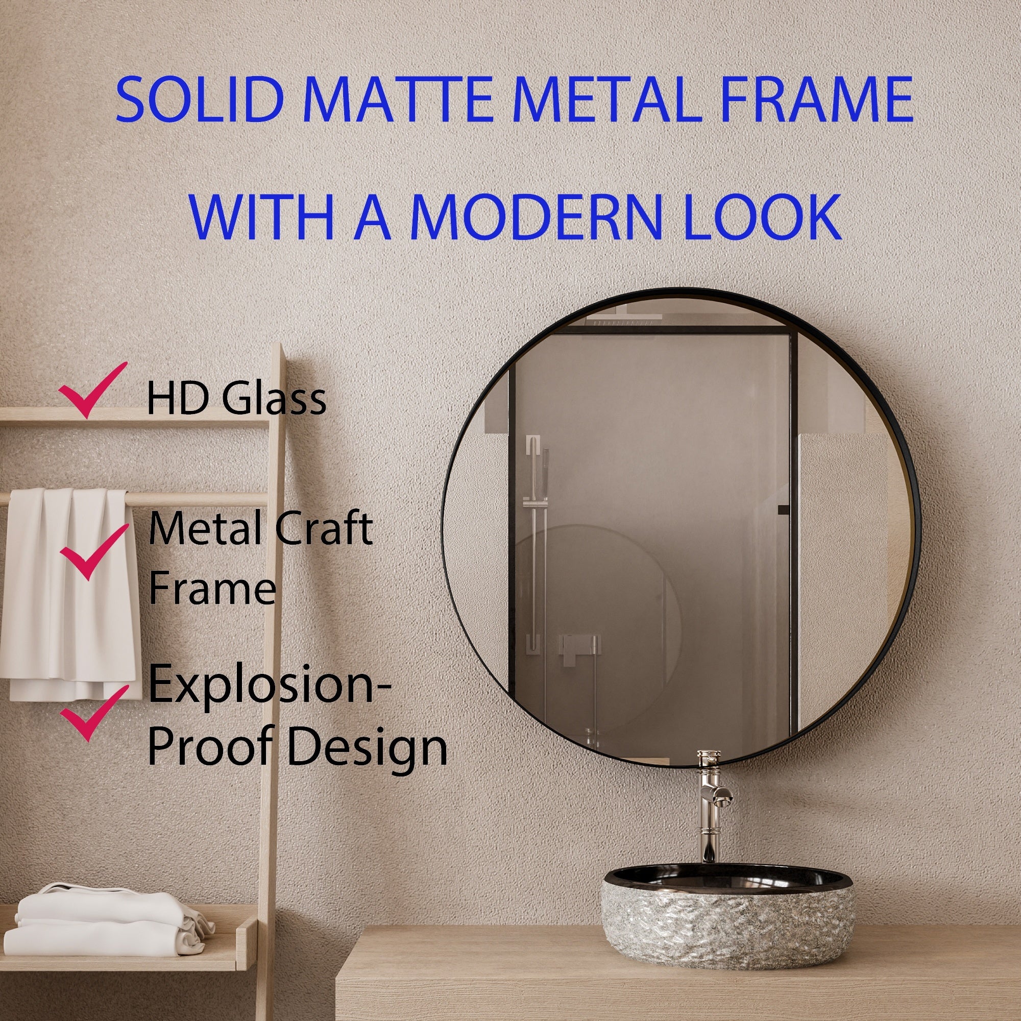 Round Black Metal Medicine Cabinet with Mirror featuring HD glass, metal frame, and explosion-proof design in a modern bathroom.