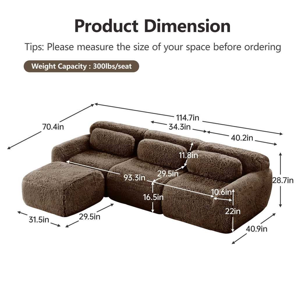 Chocolate plush modular sofa with movable ottoman and labeled dimensions, featuring non-slip design and 3-seat capacity for living rooms.