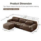 Chocolate plush modular sofa with movable ottoman and labeled dimensions, featuring non-slip design and 3-seat capacity for living rooms.