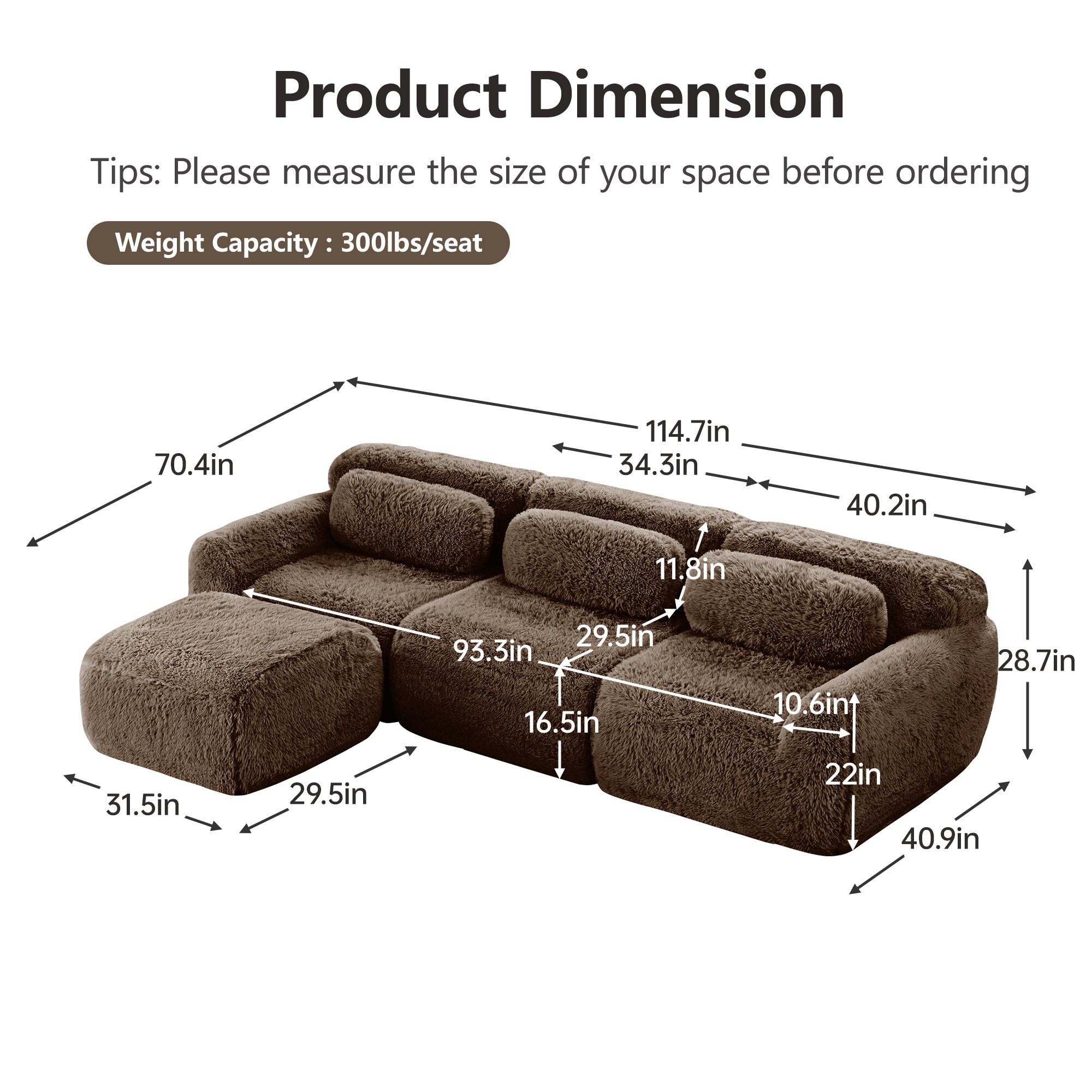 Chocolate plush modular sofa with movable ottoman and labeled dimensions, featuring non-slip design and 3-seat capacity for living rooms.