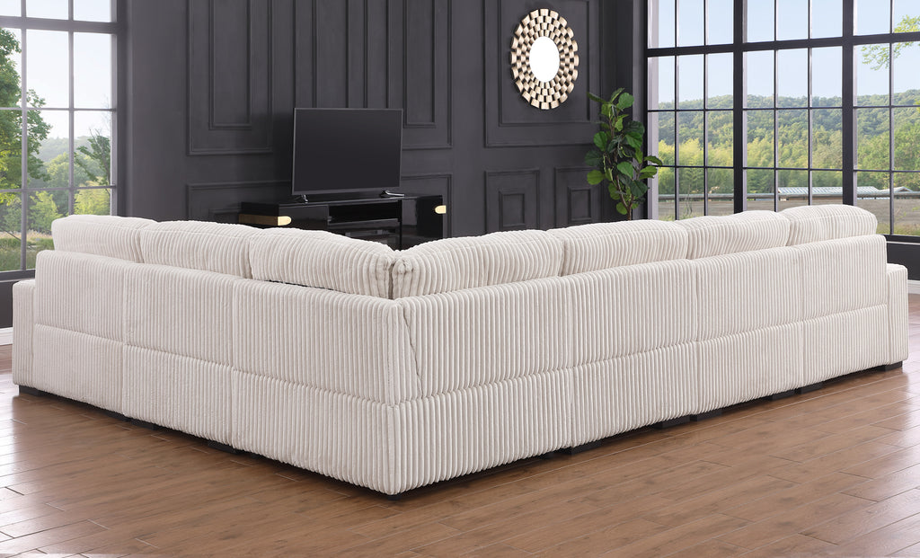 Rear view of modular Beige Corduroy Corner Sofa with Left Chaise, showcasing its structured back and plush corduroy texture.