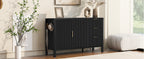 Modern wave-pattern sideboard in a living room setting, showcasing its sleek black design and functional side hooks for accessories.