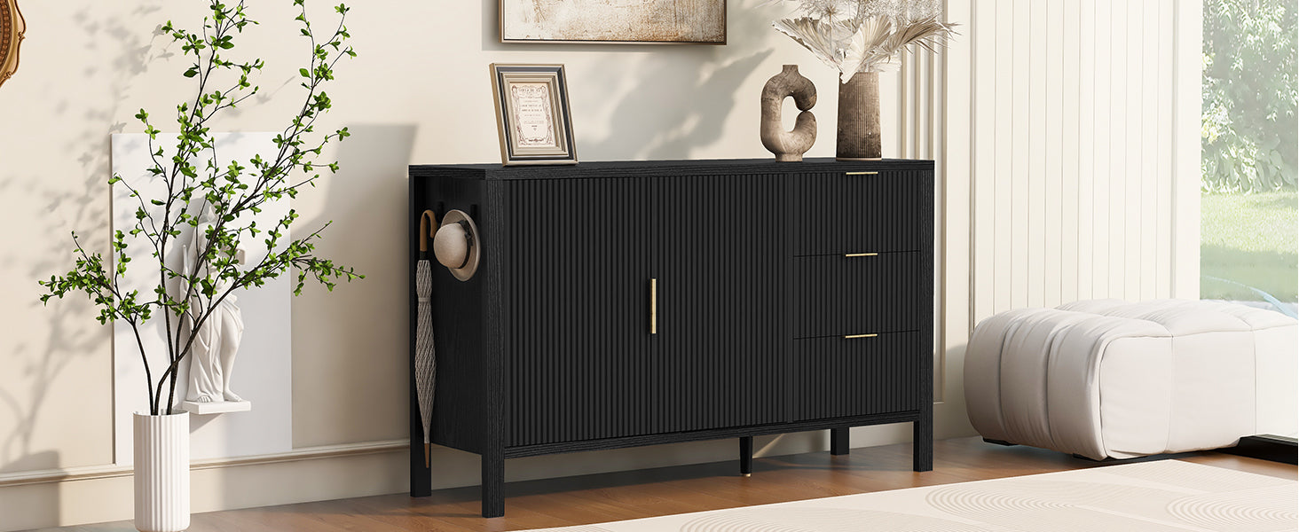 Modern wave-pattern sideboard in a living room setting, showcasing its sleek black design and functional side hooks for accessories.