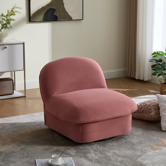 Velvet Swivel Accent Chair with 360-degree metal base in rose pink, featuring plush pumpkin-shaped design for modern living room or bedroom decor.