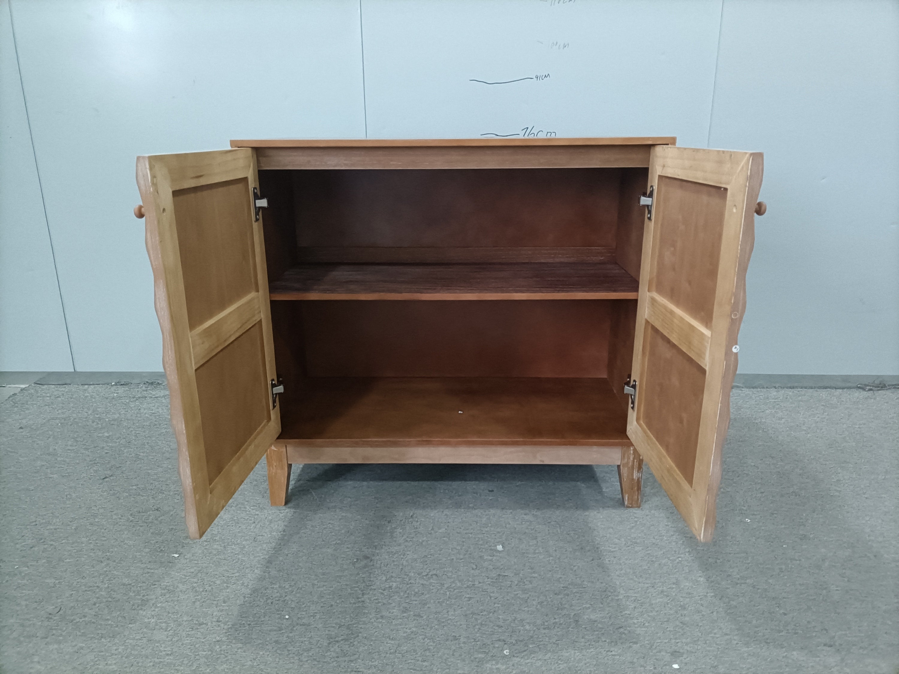Geometric Sideboard Tangerine Walnut - 31.5" Storage Unit with both doors open, revealing spacious interior and adjustable shelf.