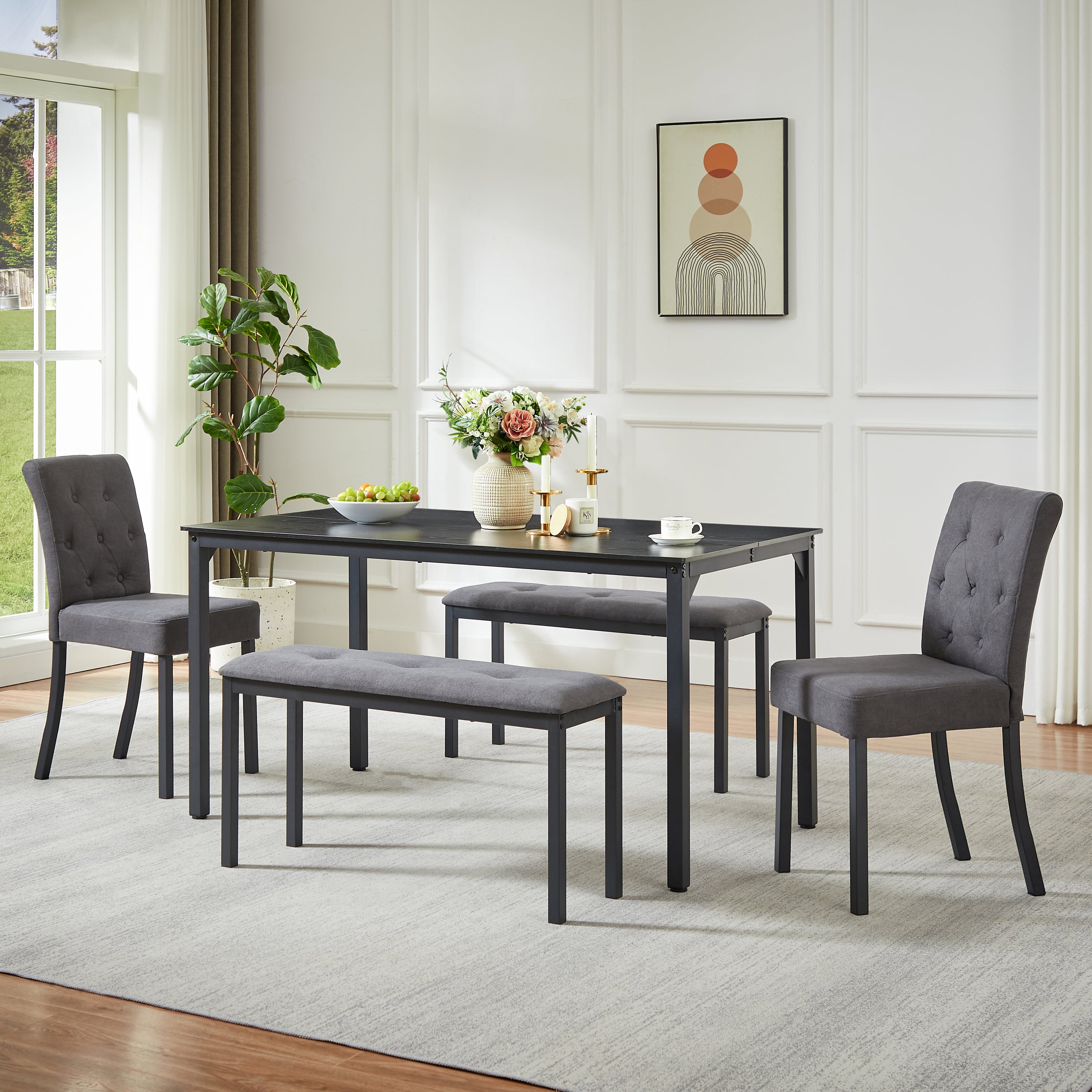 5-Piece Rustic Dining Set with Padded Chairs and Benches in Gray/Black