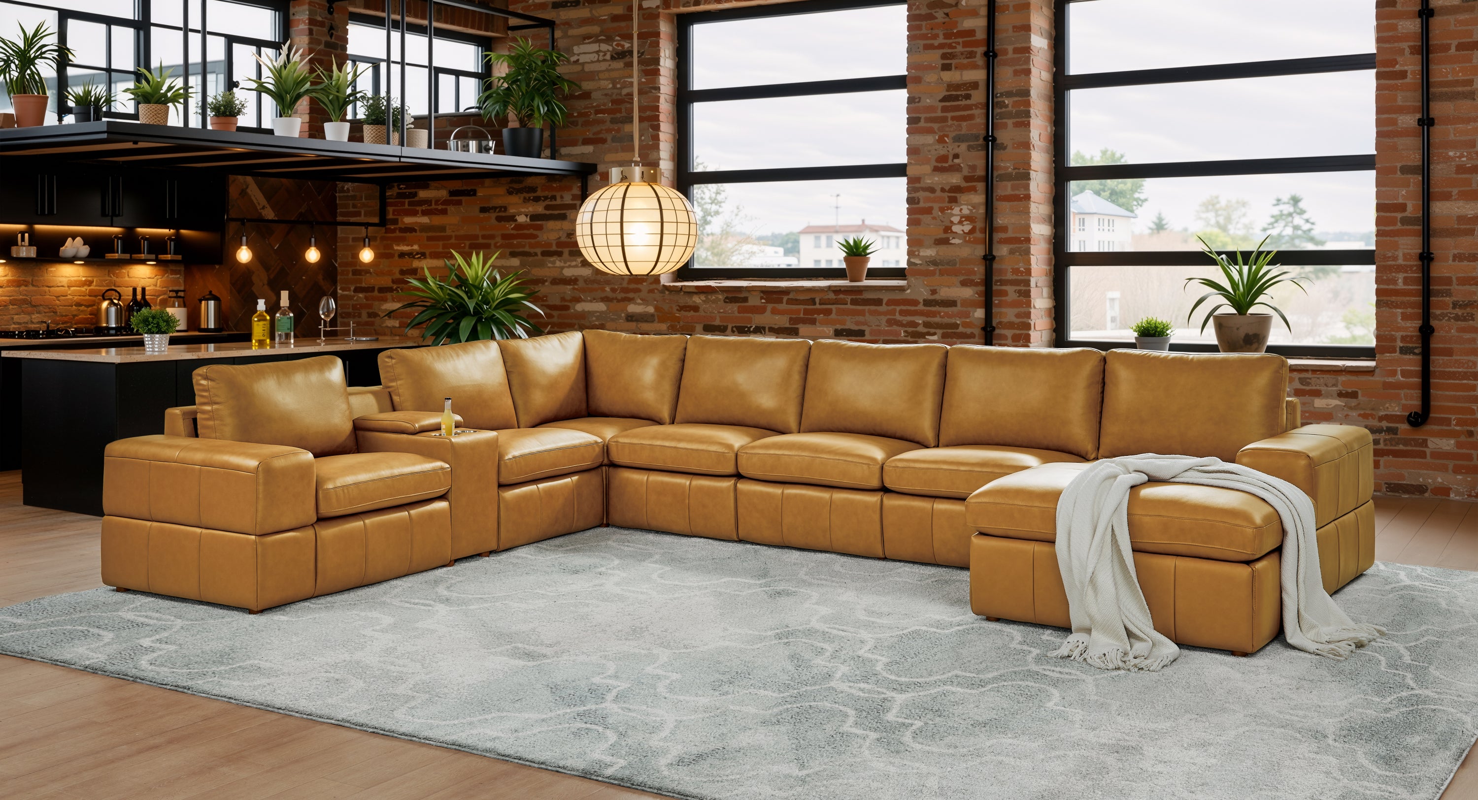 Ginger Leather Match 8-Seater Modular Sectional with Square Arms