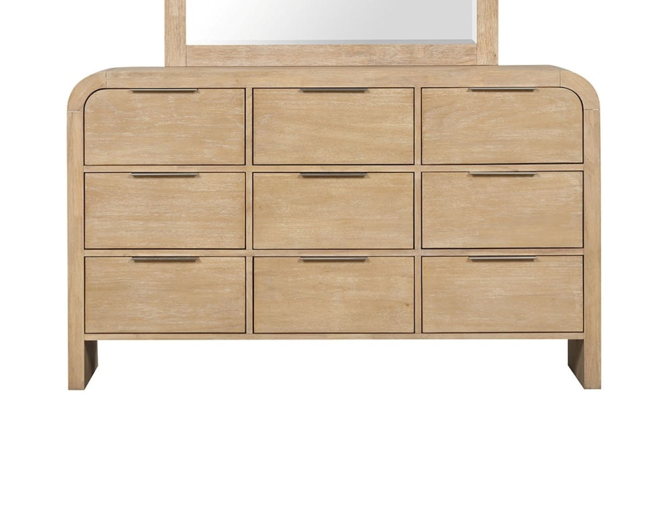 Front view of natural finish dresser with 9 drawers and clean lines, crafted from solid rubber wood for bedroom storage.