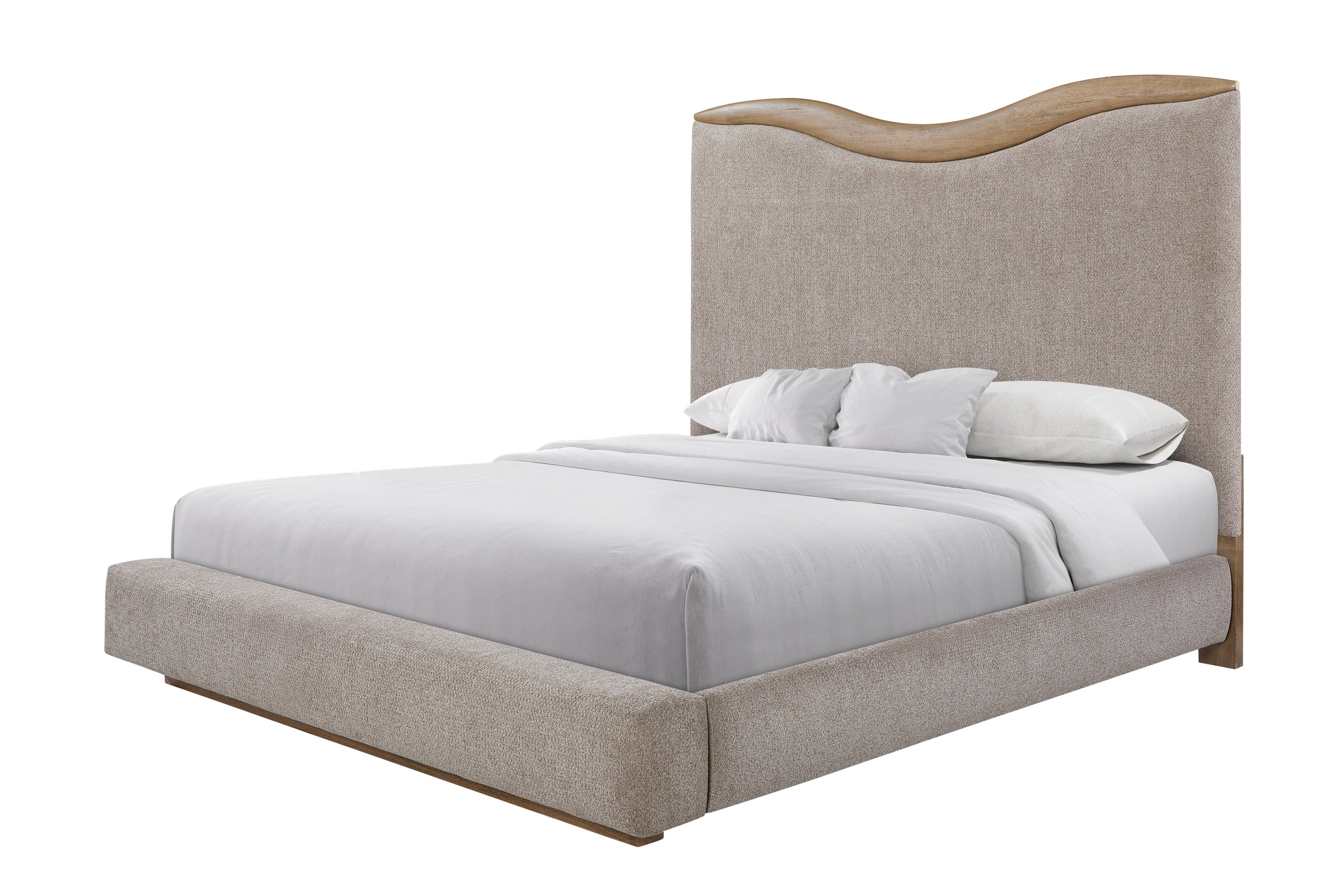 Angled view of upholstered queen bed with curved headboard and plush bedding, offering a soft modern design with wood accent trim.