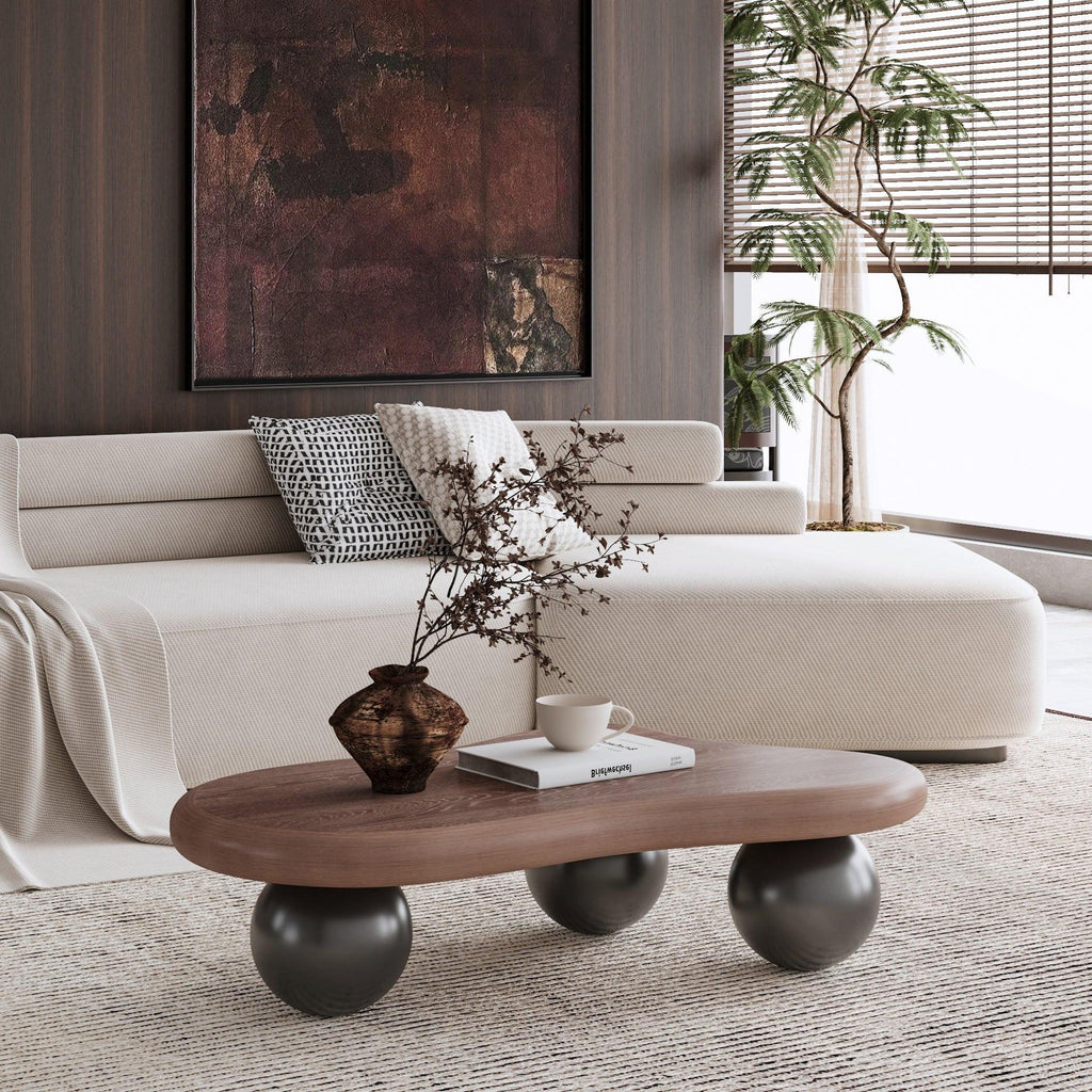 40 Inch Cloud Shaped Coffee Table - Walnut Top Black Legs.