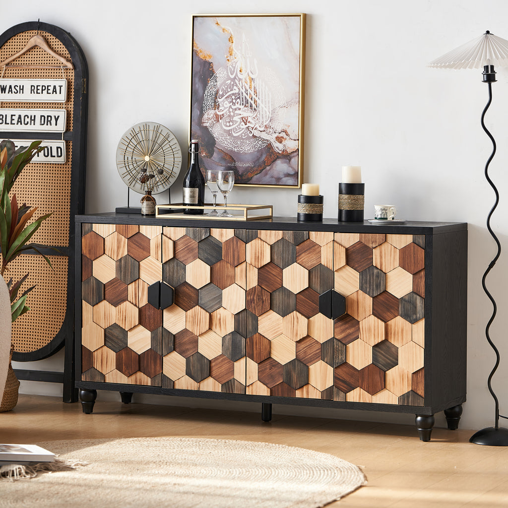 60-Inch Distressed Engineered Wood Storage Cabinet with Honeycomb Doors