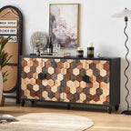 60-Inch Distressed Engineered Wood Storage Cabinet with Honeycomb Doors