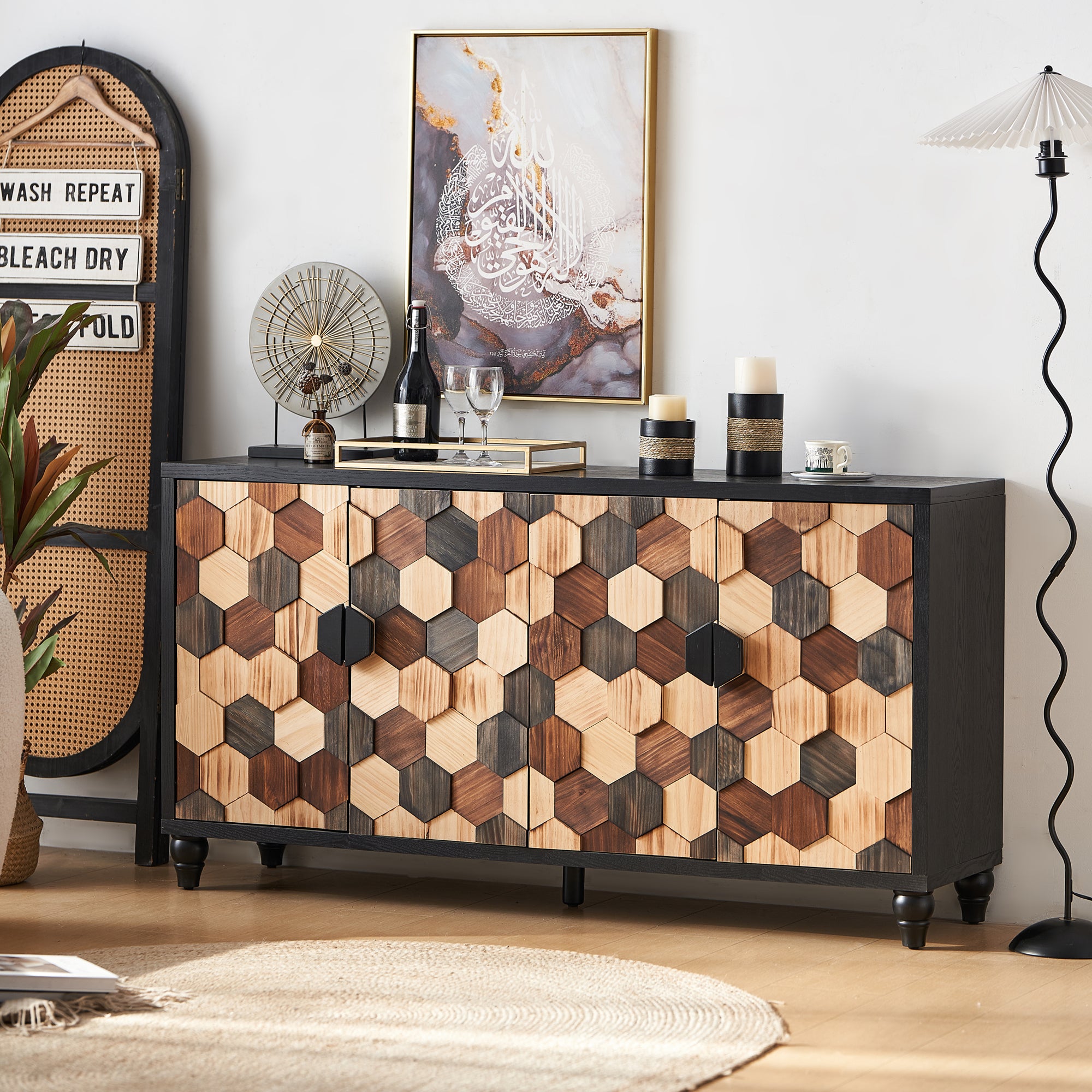 Modern storage cabinet with a black frame and doors featuring a distressed, multi-tonal wooden honeycomb pattern.