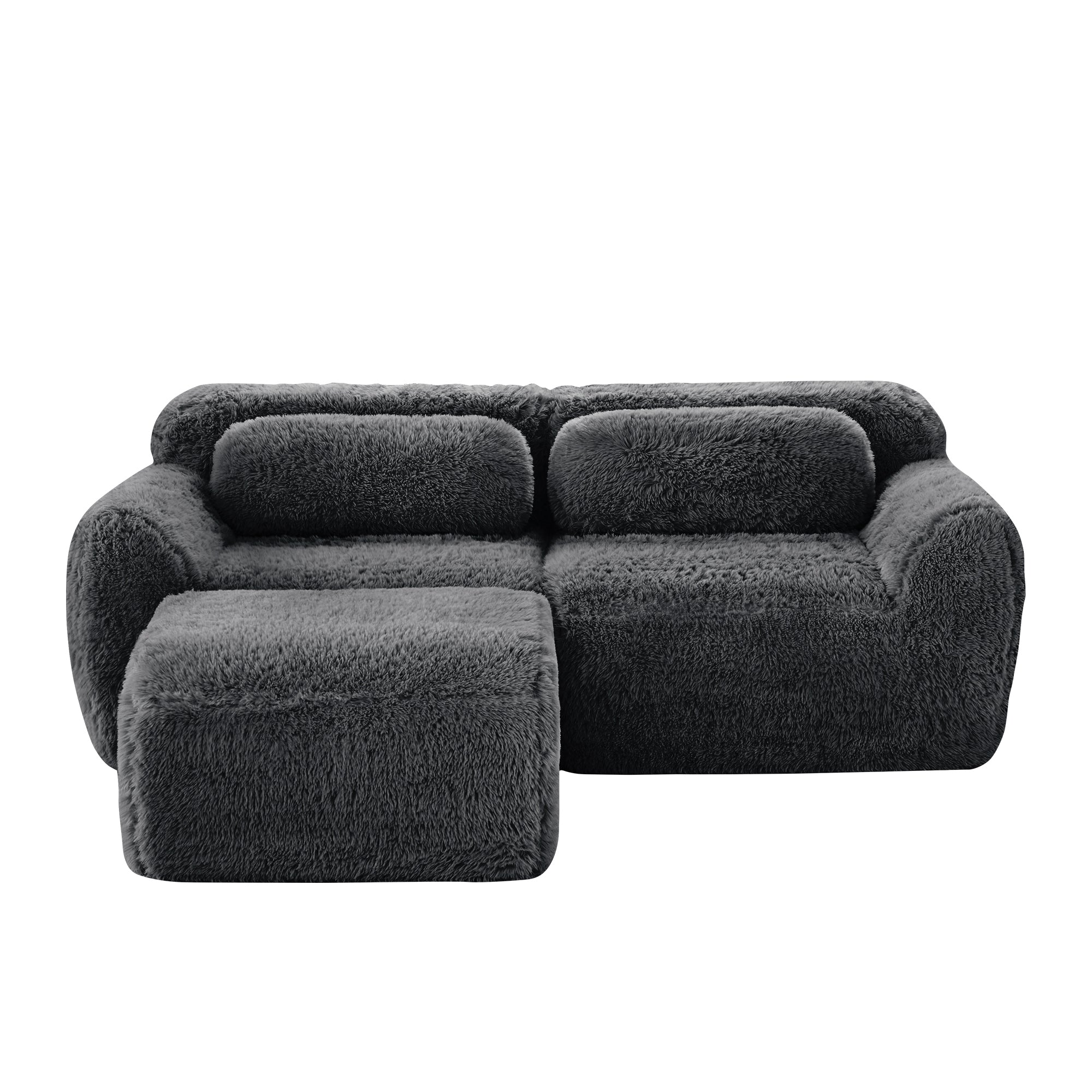 Front view of L-Shaped Sectional Sofa - Modular Plush in dark grey, showcasing its plush texture and ergonomic seating layout.