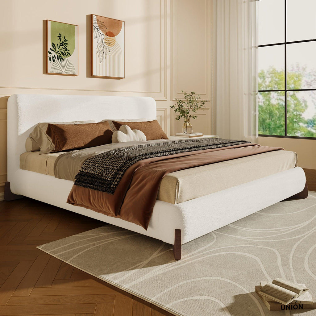 White Upholstered Queen Bed with Solid Wood Legs.