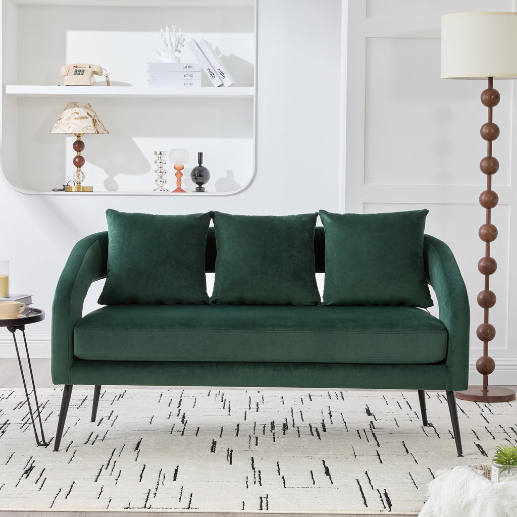 Modern Upholstered Velvet Loveseat Settee with Pillows, Comfy 2-Seater Mini Sofa for Small Spaces, Metal Legs, Green