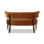 Rear view of Burnt Orange Velvet Bench showing curved backrest and dark wood legs, ideal for stylish entryways or nooks.