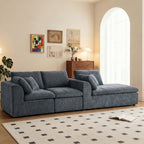 Straight configuration of modular L-shaped sectional sofa with chaise, placed in a bright living room with modern decor.
