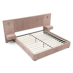Queen Size Upholstered Bed Frame with headboard and built-in bedside tables in soft beige fabric. Solid wood slats offer support with no box spring needed.