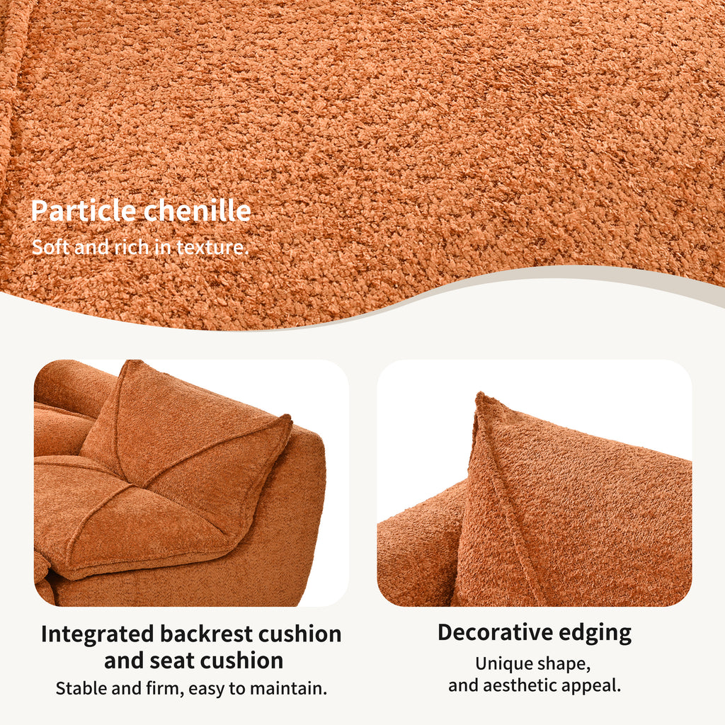 Close-up of 116'' compressed sofa no assembly showing soft particle chenille fabric, integrated cushions, and decorative stitching.