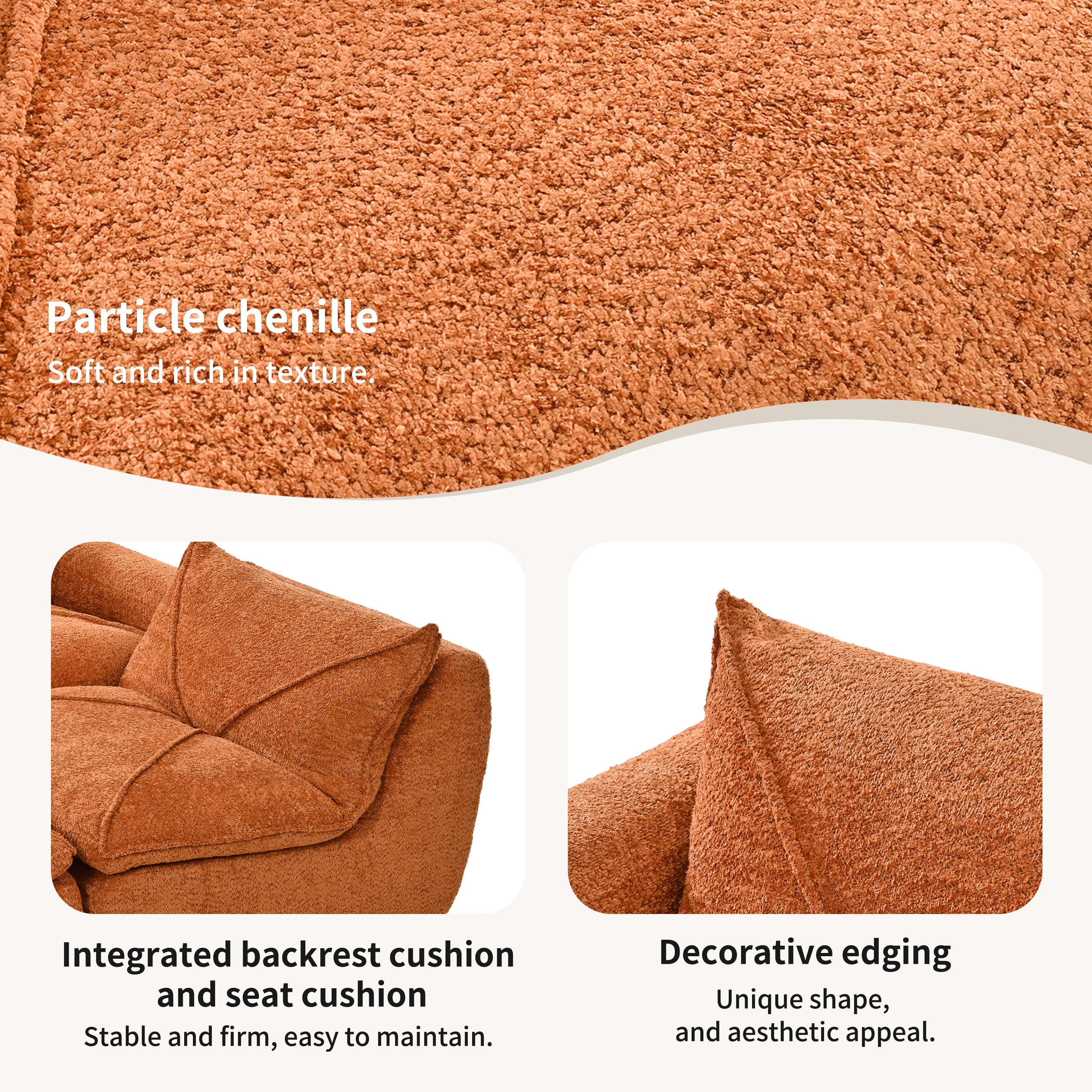 Close-up of 116'' compressed sofa no assembly showing soft particle chenille fabric, integrated cushions, and decorative stitching.