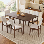 Modern Dining Set - Chairs & Table Walnut Finish in a cozy dining room with 6 upholstered chairs and a 60-inch wood table on a striped rug.