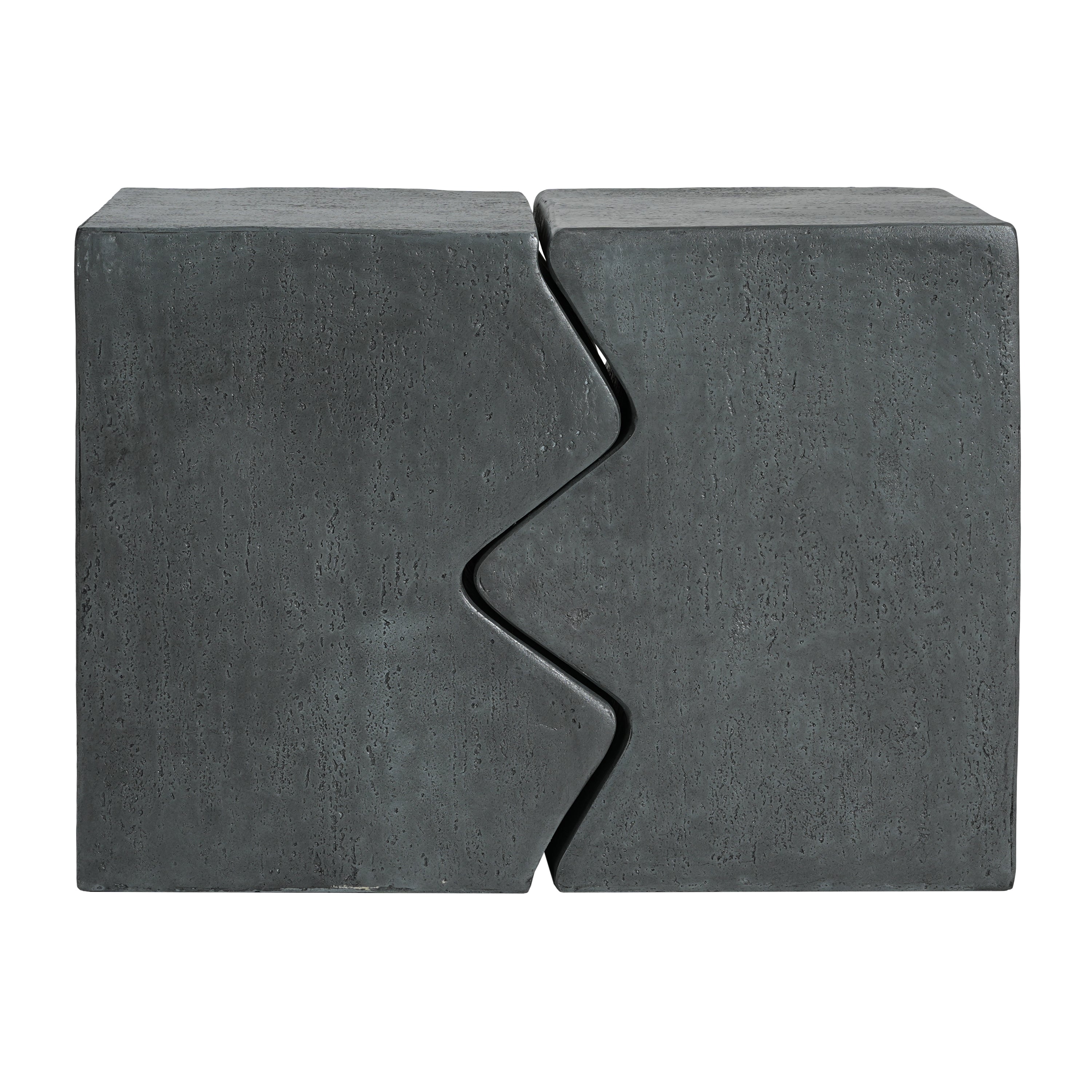 Set of 2 rectangular outdoor side tables in stone gray with a unique zigzag split design. Durable MGO construction ideal for indoor or patio use.