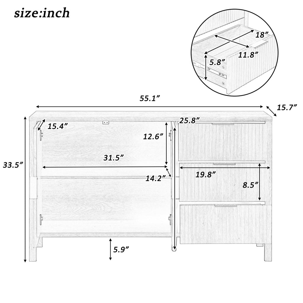 Dimension diagram of Modern Wave-Pattern Sideboard detailing drawer sizes, shelf space, and overall measurements in inches.