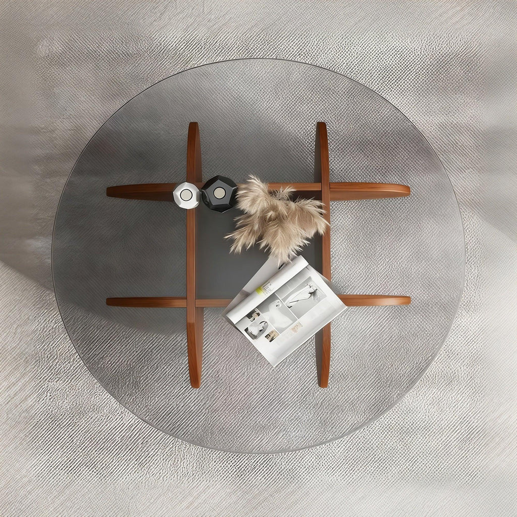 Modern Round Coffee Table - Walnut and Glass Design.