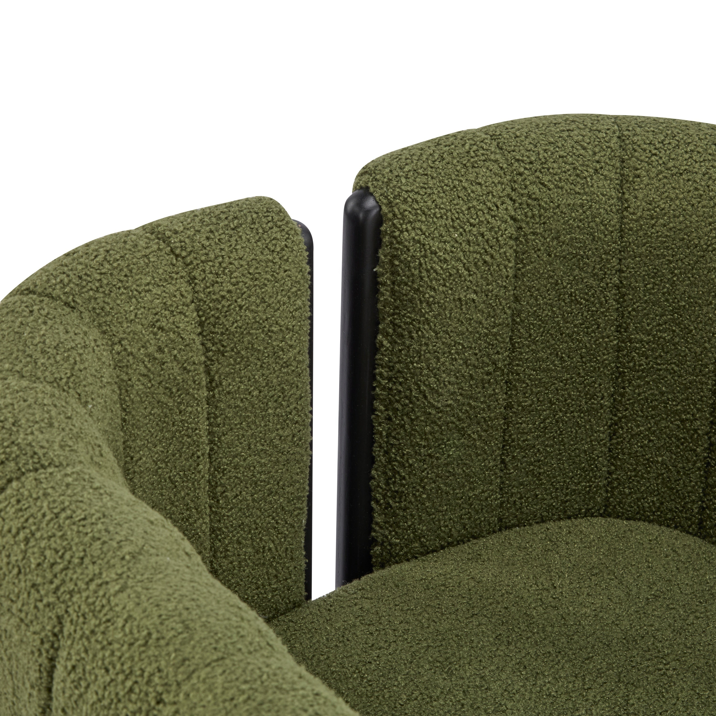 Detail of curved backrest and plush olive green boucle fabric on modern dining chair, highlighting its cozy and modern design.