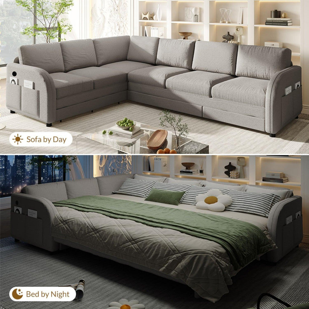 L-Shaped Sofa with Pull-Out Bed and USB Port.