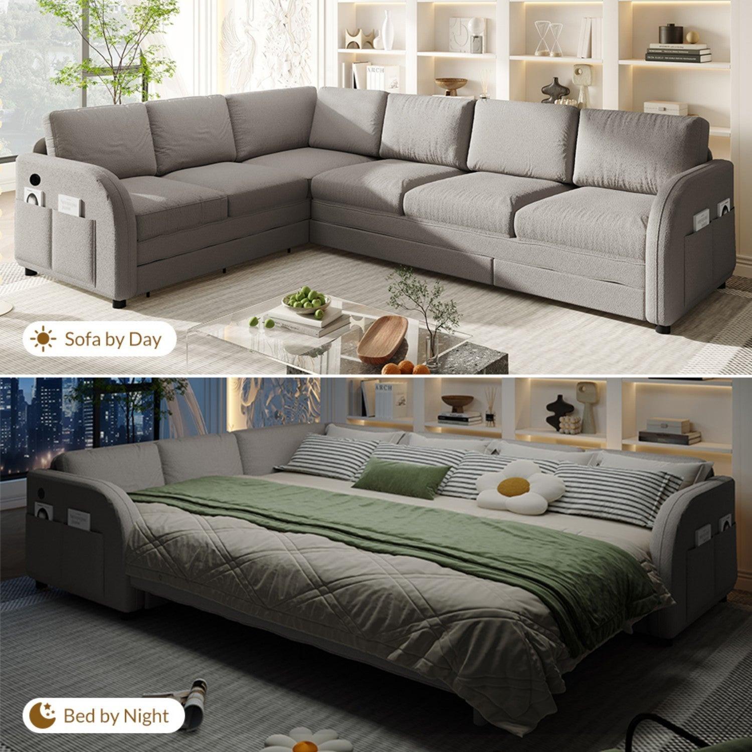 L-Shaped Sofa with Pull-Out Bed and USB Port.