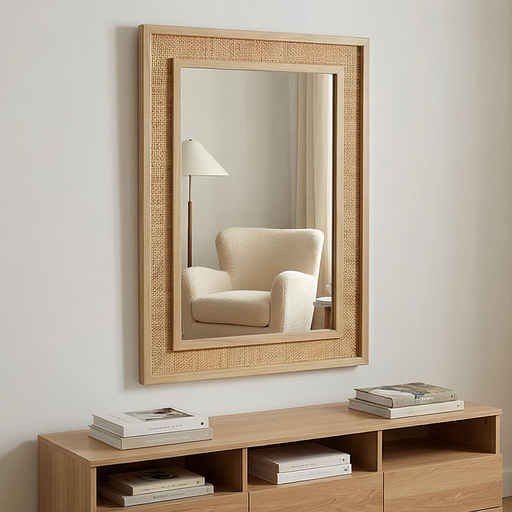 Rattan Solid Wood Frame Mirror for Home Decor.