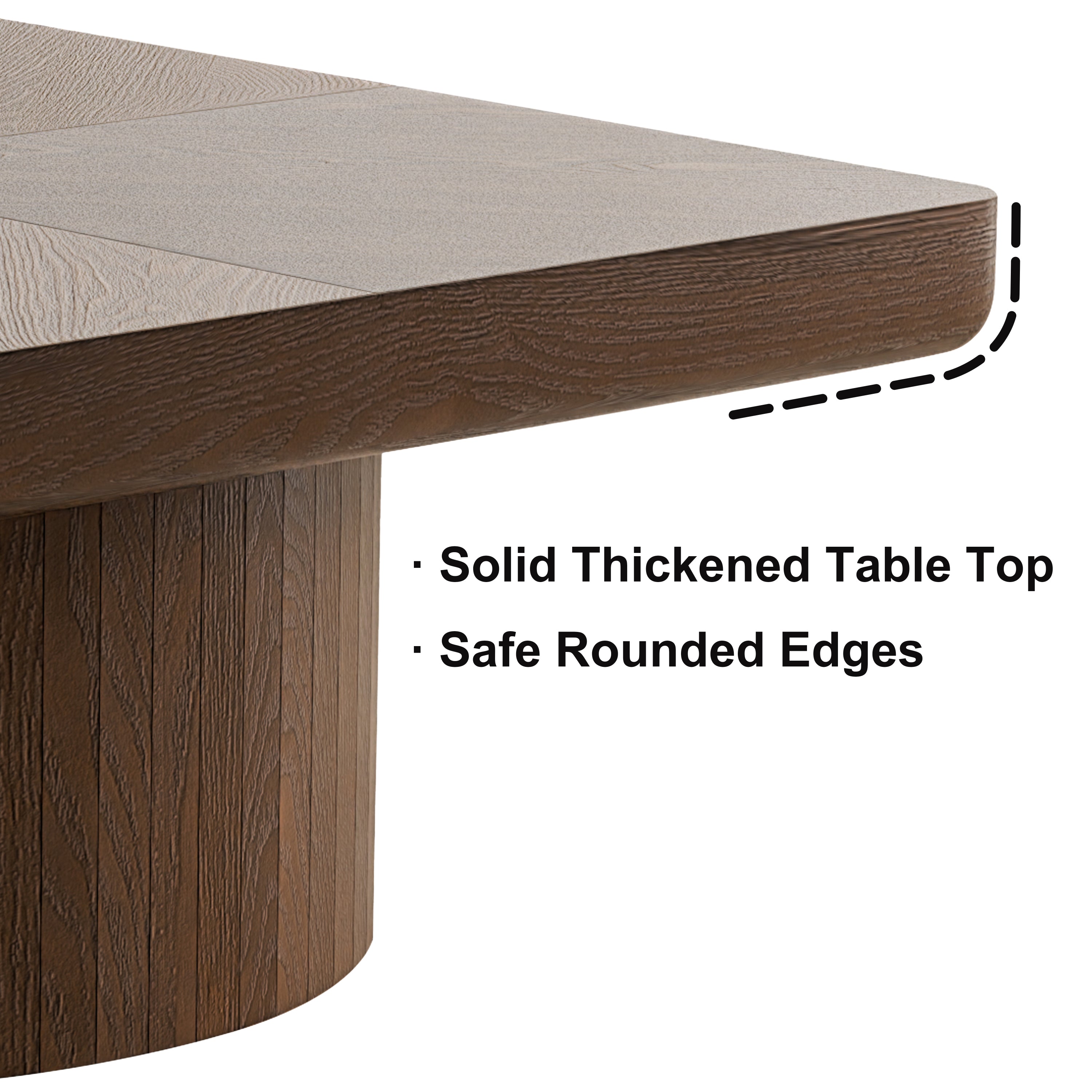Detail of walnut coffee table's thickened tabletop and safe rounded edges, highlighting durability and child-friendly design.