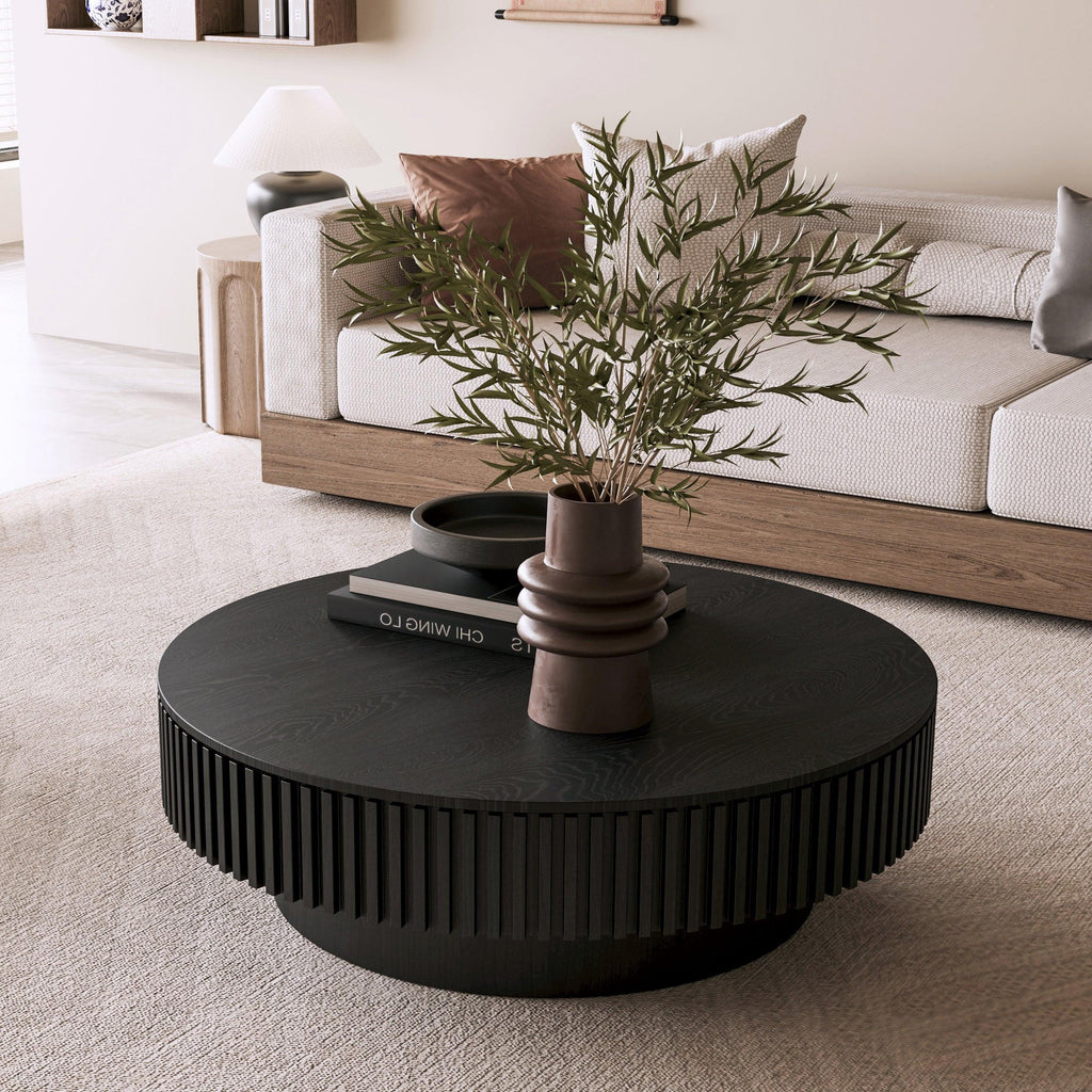 39.37'' Round Coffee Table with Storage Solid Wood Veneered Modern Coffee Table Accent Tea Table for Living Room, Bedroom, Apartment or Office, Black.