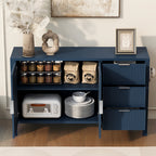 Open navy sideboard showing adjustable shelves, three drawers, and organized storage for kitchen or dining essentials in a modern design.