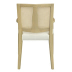Back view of modern dining chair with dual-panel rattan backrest and sturdy wood legs, ideal for stylish dining room decor.