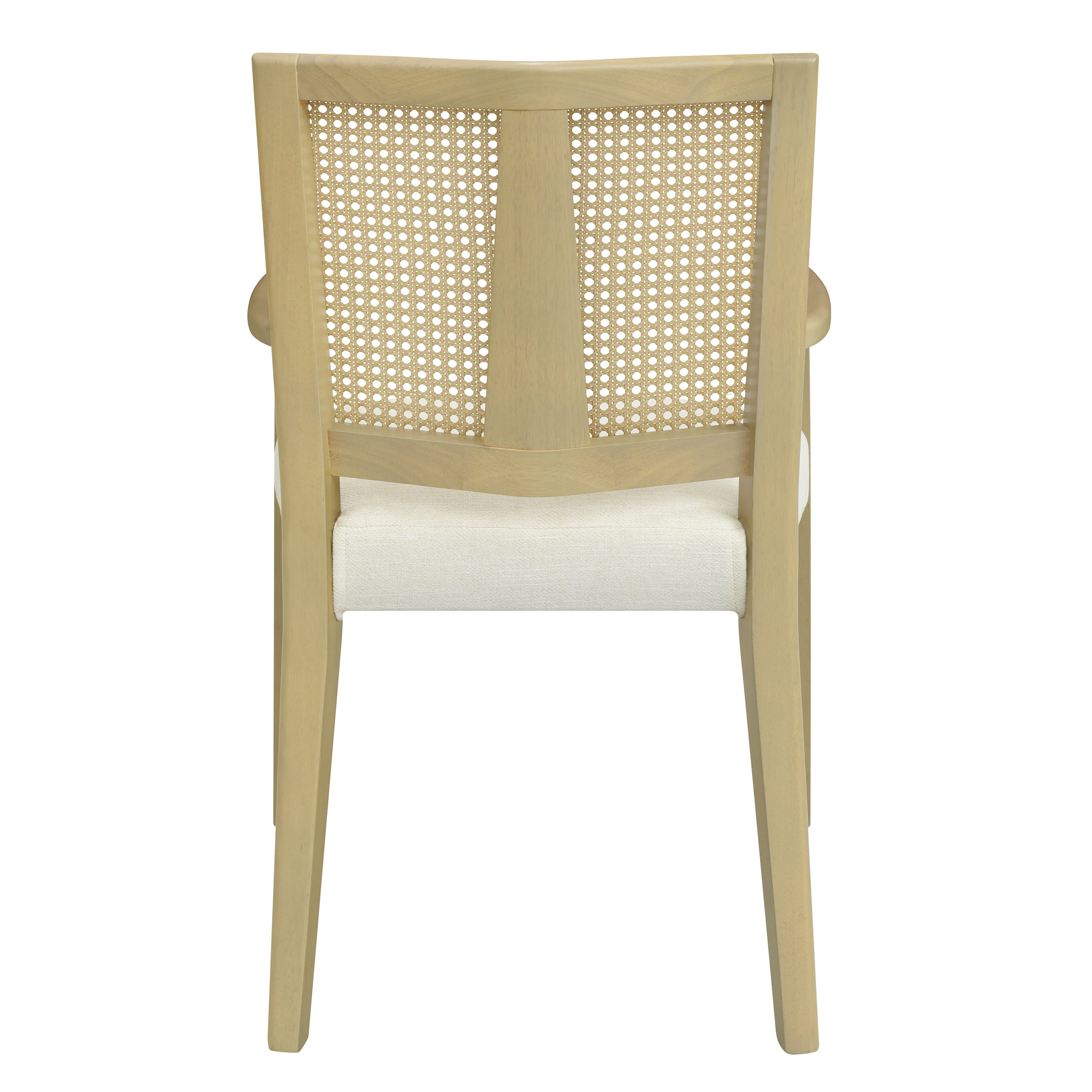 Back view of modern dining chair with dual-panel rattan backrest and sturdy wood legs, ideal for stylish dining room decor.